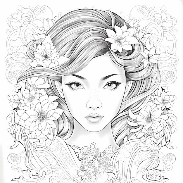 Page de livre de coloriage pour adultes, visage de femme asiatique