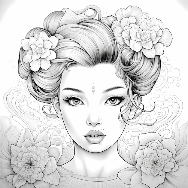 Page de livre de coloriage pour adultes, visage de femme avec des cheveux en chignon