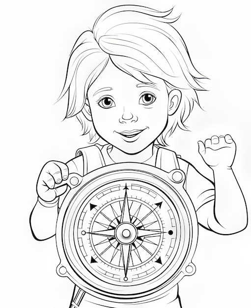 Photo une page de livre à colorier un enfant souriant tenant une boussole