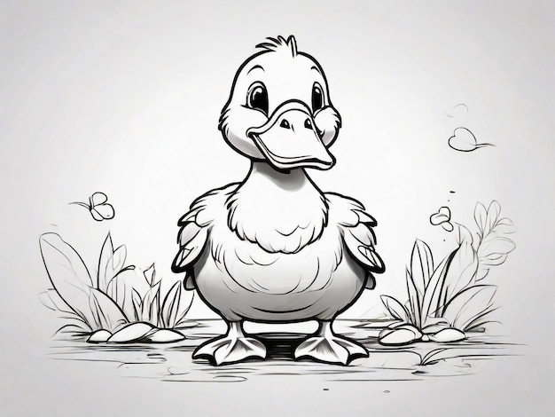 Page de livre à colorier sur fond blanc Un enfant canard souriant plein corps Illustration de ligne simple style Disney dessin à l'encre dessin de ligne très audacieux clip art noir et blanc seulement ne pas utiliser le gris