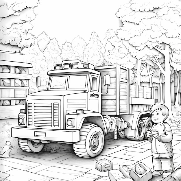 Photo une page de livre à colorier pour un garçon de 5 ans intéressé par les camions et les animaux de lego