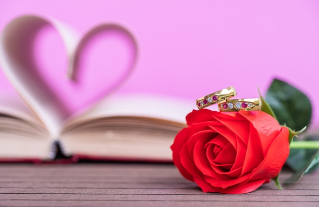 Page de livre en forme de coeur incurvé et rose rouge