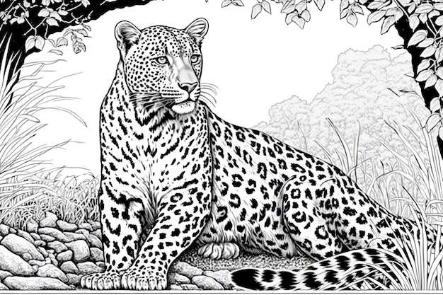 Page de livre soloring d'un léopard couleurs noir et blanc Generative AI