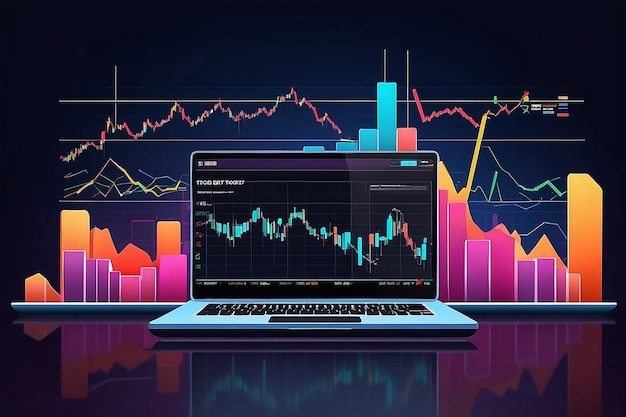 Page de promotion du commerce des actions sur le Forex avec une illustration vectorielle d'un ordinateur portable