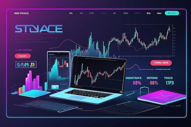 Page de promotion du commerce des actions sur le Forex avec une illustration vectorielle d'un ordinateur portable