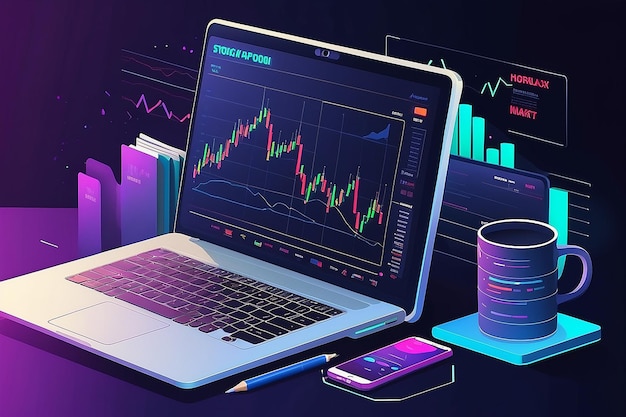 Page de promotion du commerce des actions sur le Forex avec une illustration vectorielle d'un ordinateur portable