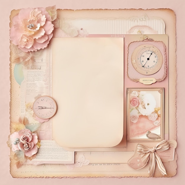 Photo page de scrapbook vintage avec fleurs fond de papier numérique imprimable beige rose