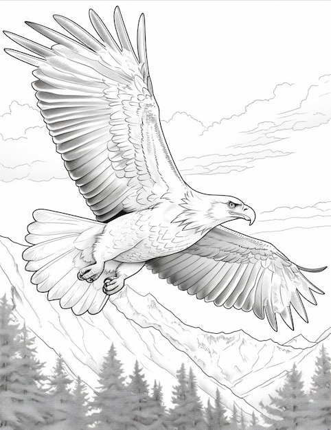 Photo pages à colorier d'un aigle à tête blanche survolant une chaîne de montagnes