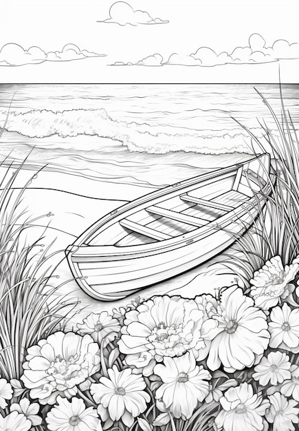 pages à colorier d'un bateau sur la plage avec des fleurs générative ai