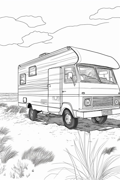 Photo pages à colorier d'un camping-car garé sur la plage générative ai