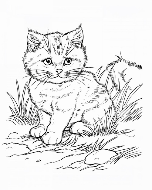 pages à colorier d'un chat assis dans l'herbe avec une abeille générative ai