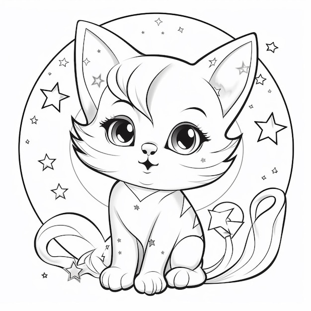 Photo pages à colorier de chats avec des étoiles et de la lune générative ai