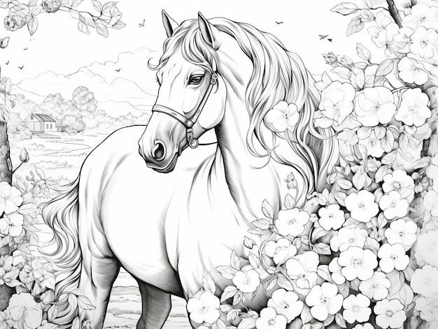 Pages à colorier de chevaux avec des fleurs et des arbres en arrière-plan