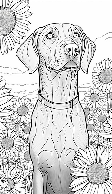 pages à colorier d'un chien assis dans un champ de fleurs générative ai