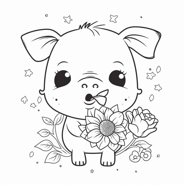 Pages à colorier d'un chien avec des fleurs et des étoiles