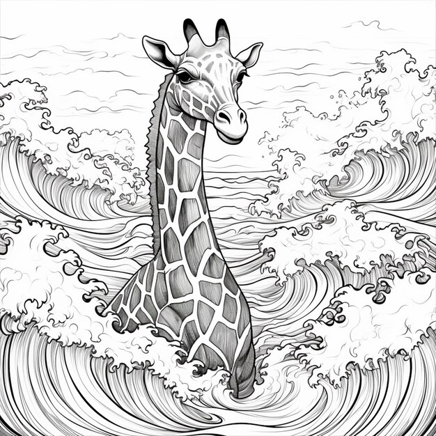 Photo pages à colorier de girafes dans l'océan avec des vagues générative ai