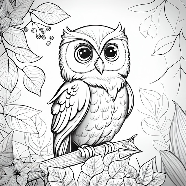 des pages à colorier d'un hibou assis sur une branche avec des feuilles génératives ai