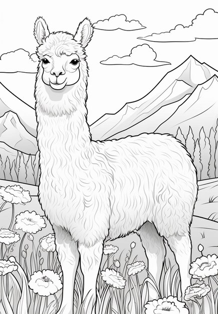 Photo pages à colorier de lamas et de fleurs dans les montagnes