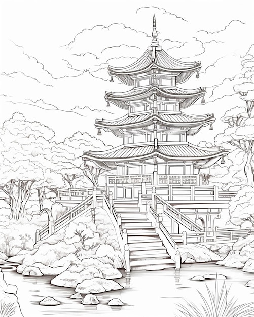 Photo pages à colorier de la pagode traditionnelle chinoise