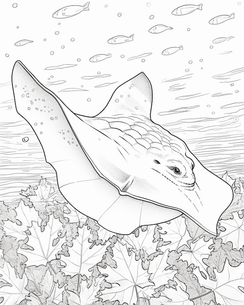 pages à colorier d'un poisson stingper dans l'océan avec des feuilles génératives ai