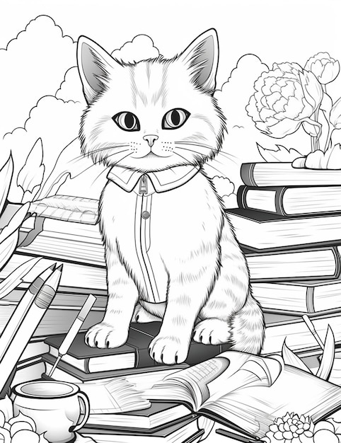 des pages à colorier pour adultes avec un chat assis sur une pile de livres