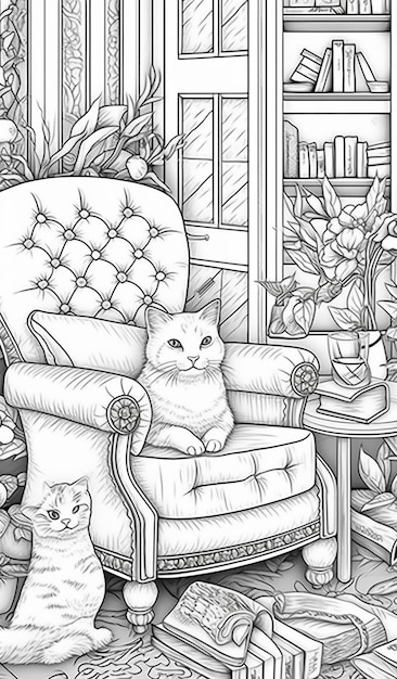 Photo pages à colorier pour adultes avec des chats et des chiens dans un salon ai générative