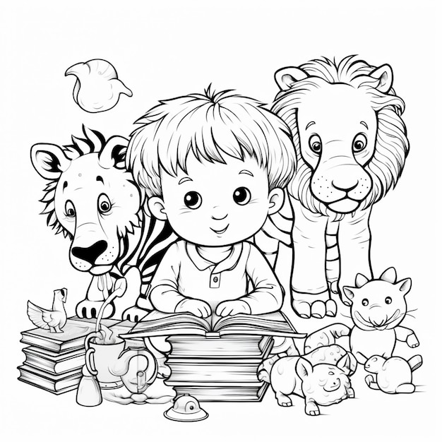 Photo pages à colorier pour les enfants avec des animaux et un garçon lisant un livre ai générative