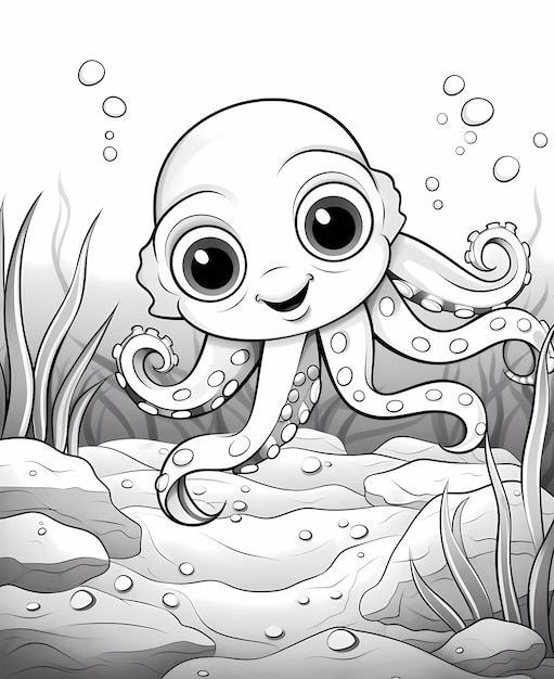 Photo pages à colorier pour enfants bébé pieuvre joue dans le style de dessin animé du fond de mer