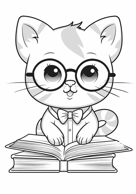 Photo pages à colorier pour les enfants d'un chat portant des lunettes lisant un livre génératif ai