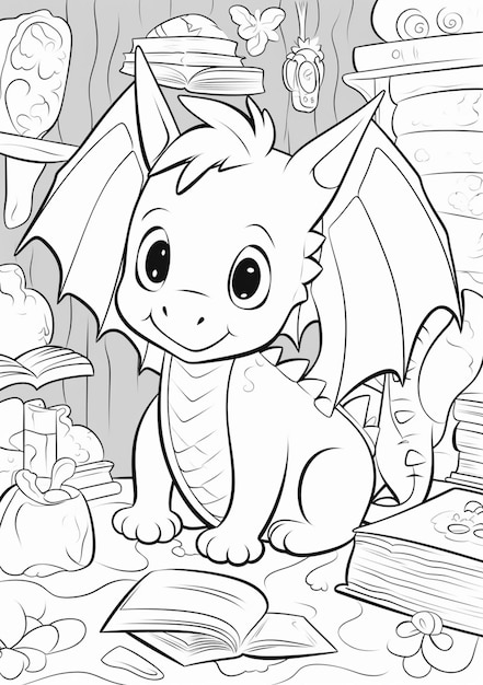 Photo pages à colorier pour les enfants d'un dragon assis sur une table générative ai