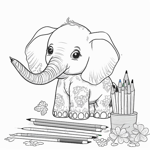 Photo pages à colorier pour enfants éléphant avec crayons et fleurs générative ai
