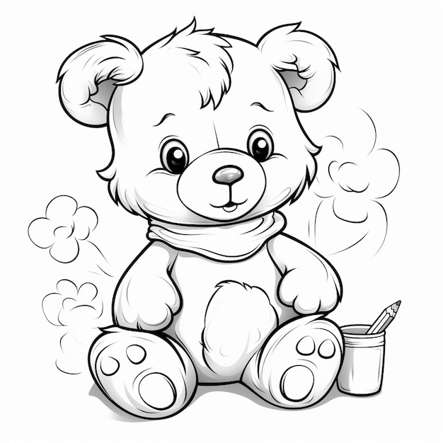 Photo pages à colorier pour les enfants d'un ours en peluche avec une tasse de café ai générative