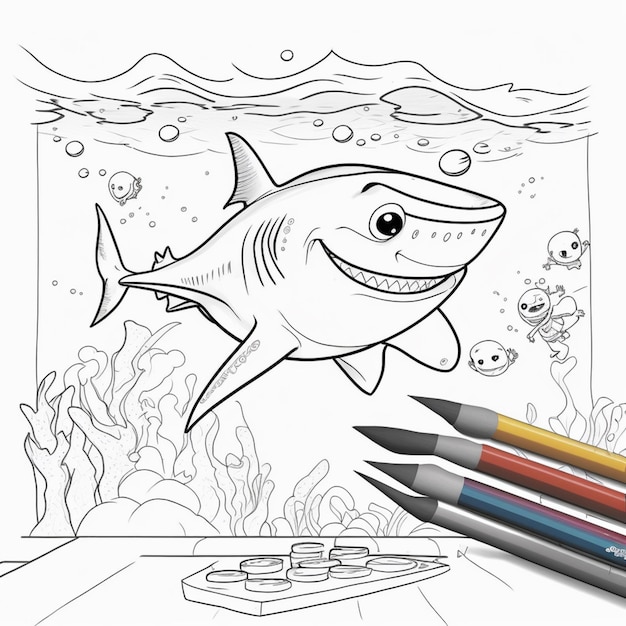 pages à colorier pour les enfants d'un requin et d'un poisson dans l'océan IA générative