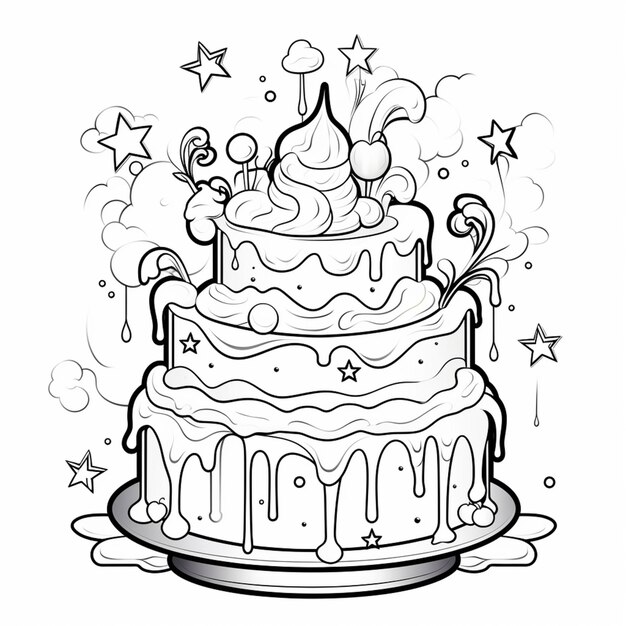 pages à colorier pour le gâteau d'anniversaire des enfants avec des bougies et des étoiles ai générative