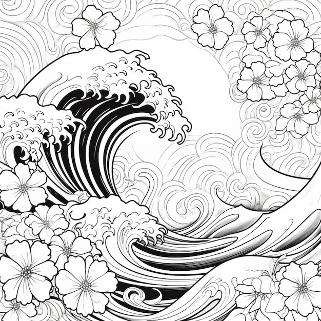 Pages à colorier des vagues et des fleurs générative ai