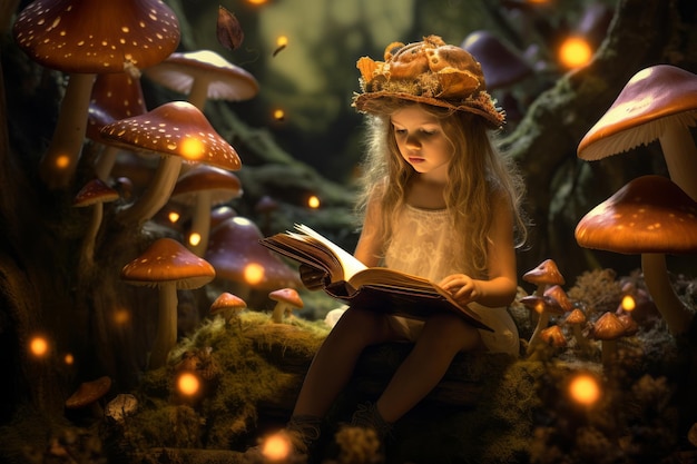 Photo les pages enchantées une petite fille voyage dans la lueur du champignon de la forêt