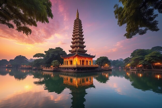 Pagode bouddhiste de Hanoi sur le lac ouest coucher de soleil coloré éclairé réflexion de l'eau du temple