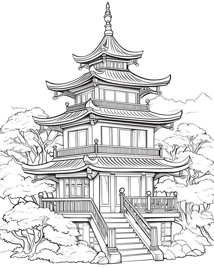 Pagode chinoise à colorier Illustration vectorielle