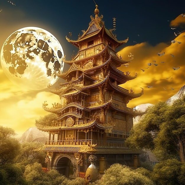 Une pagode chinoise avec une lune en arrière-plan