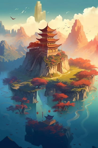 Une pagode chinoise se trouve sur une petite île au milieu d'un lac.