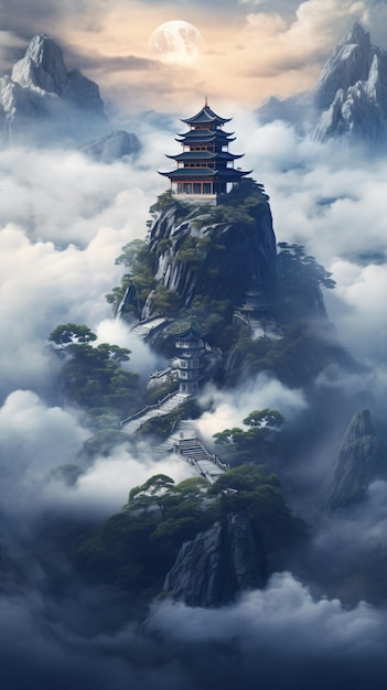 une pagode est perchée sur une montagne dans les nuages