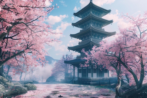 Pagode japonaise entourée de cerisiers en fleurs