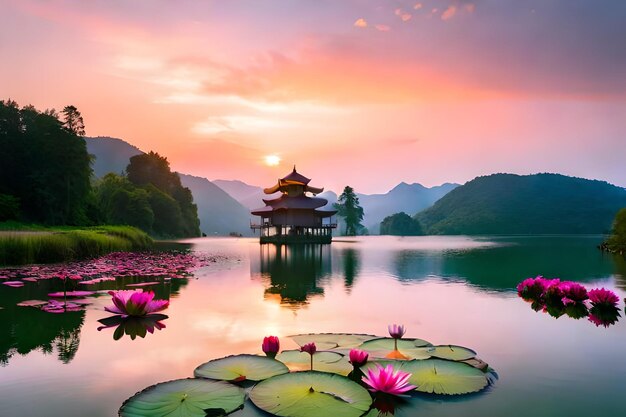 Photo une pagode sur un lac avec une fleur de lotus rose devant elle