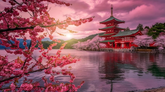 La pagode rouge du lac Kawaguchiko au Japon