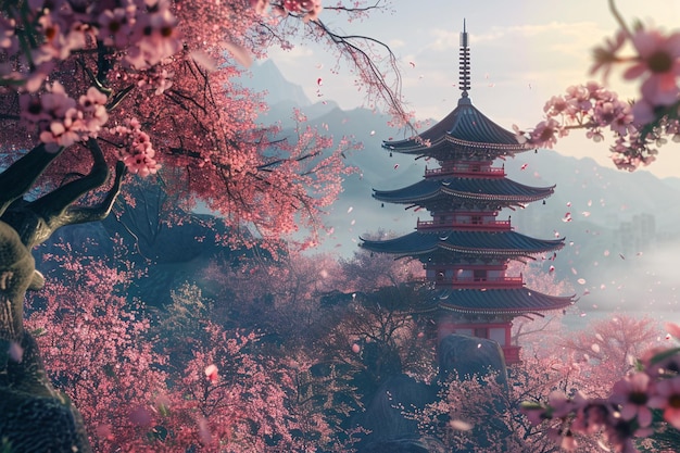 Une pagode sereine nichée parmi les cerisiers en fleurs