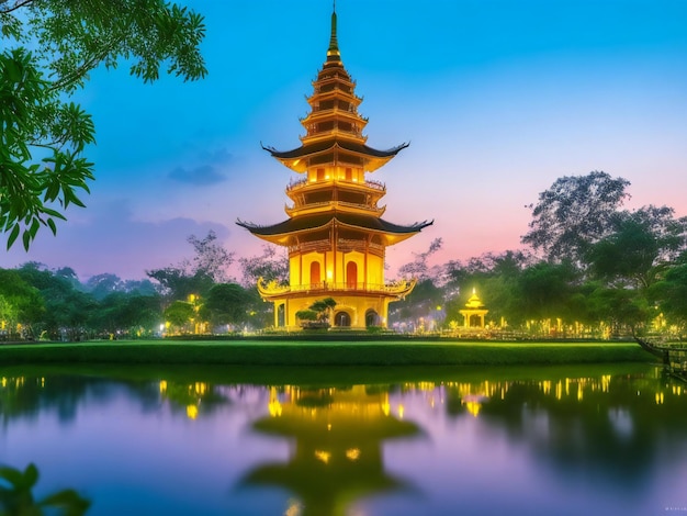 La pagode Tran quoc à Hanoi, au Vietnam, après le coucher du soleil