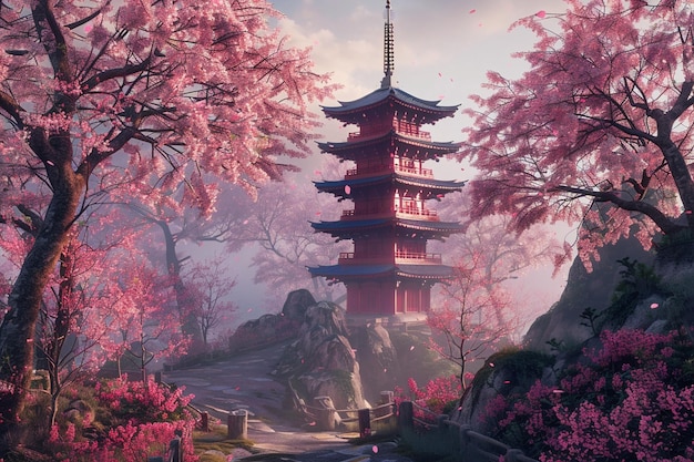 Une pagode tranquille entourée d'un cerisier en fleurs