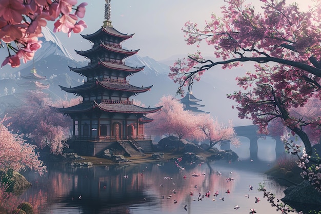 Une pagode tranquille entourée de cerisiers en fleurs