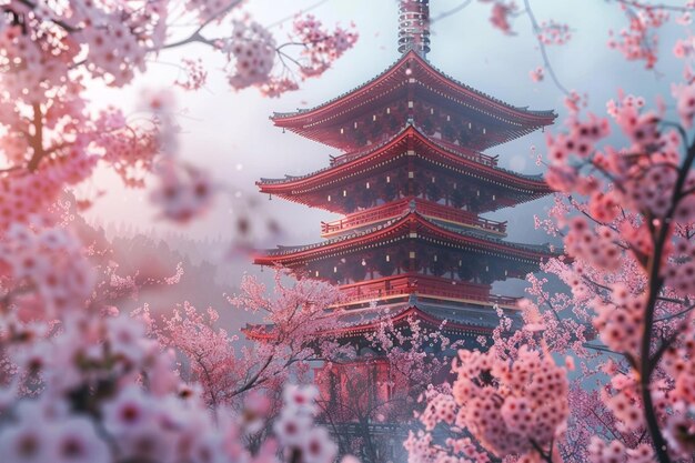 Une pagode tranquille entourée de cerisiers en fleurs