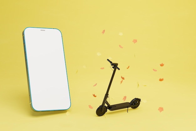 Paiement du trafic de scooter électrique via smartphone un scooter électrique un smartphone et des feuilles